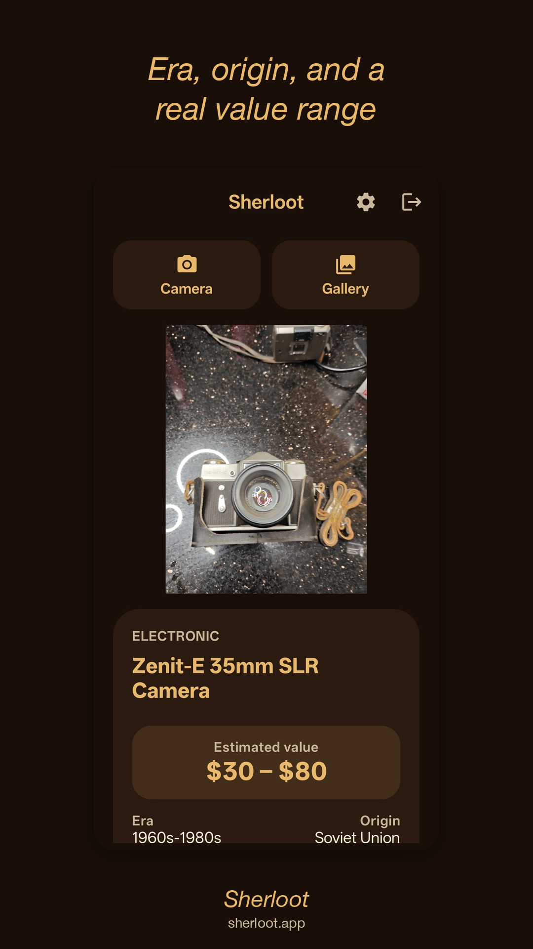 Sherloot result screen showing an antique appraisal with era and value range